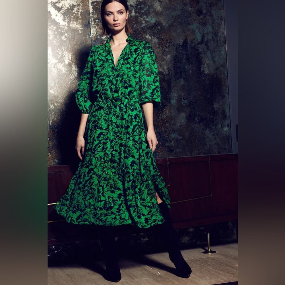 Misa Olivia Midi Dress Emerald Green Black Gold Abstract Floral XS Holiday